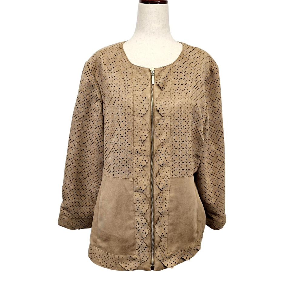 Chicos Faux‎ Suede Jacket Womens 2 Beige Laser Cut Zip Scallop Hem Eyelet